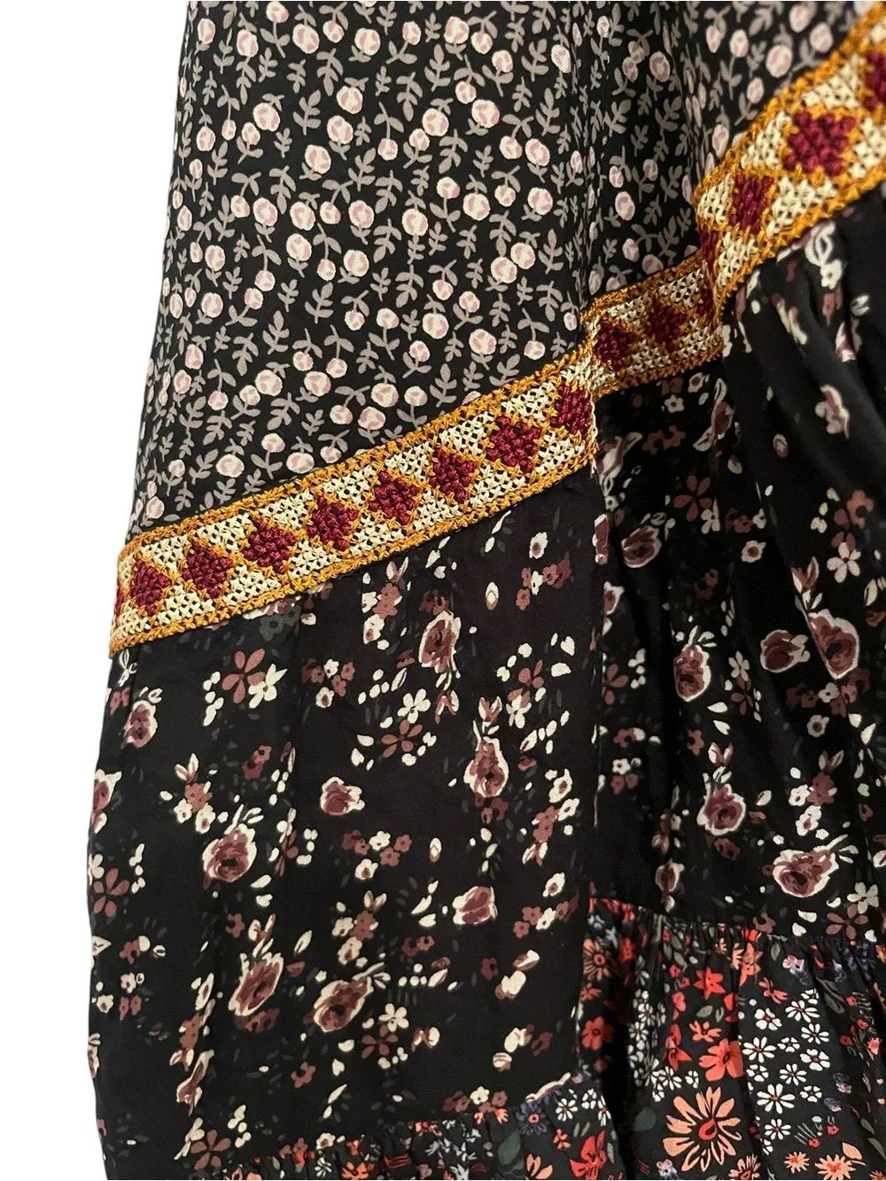 Free People Esmeralda Printed Skirt Floral Wrap Maxi Skirt with Gold Trim Sz 4